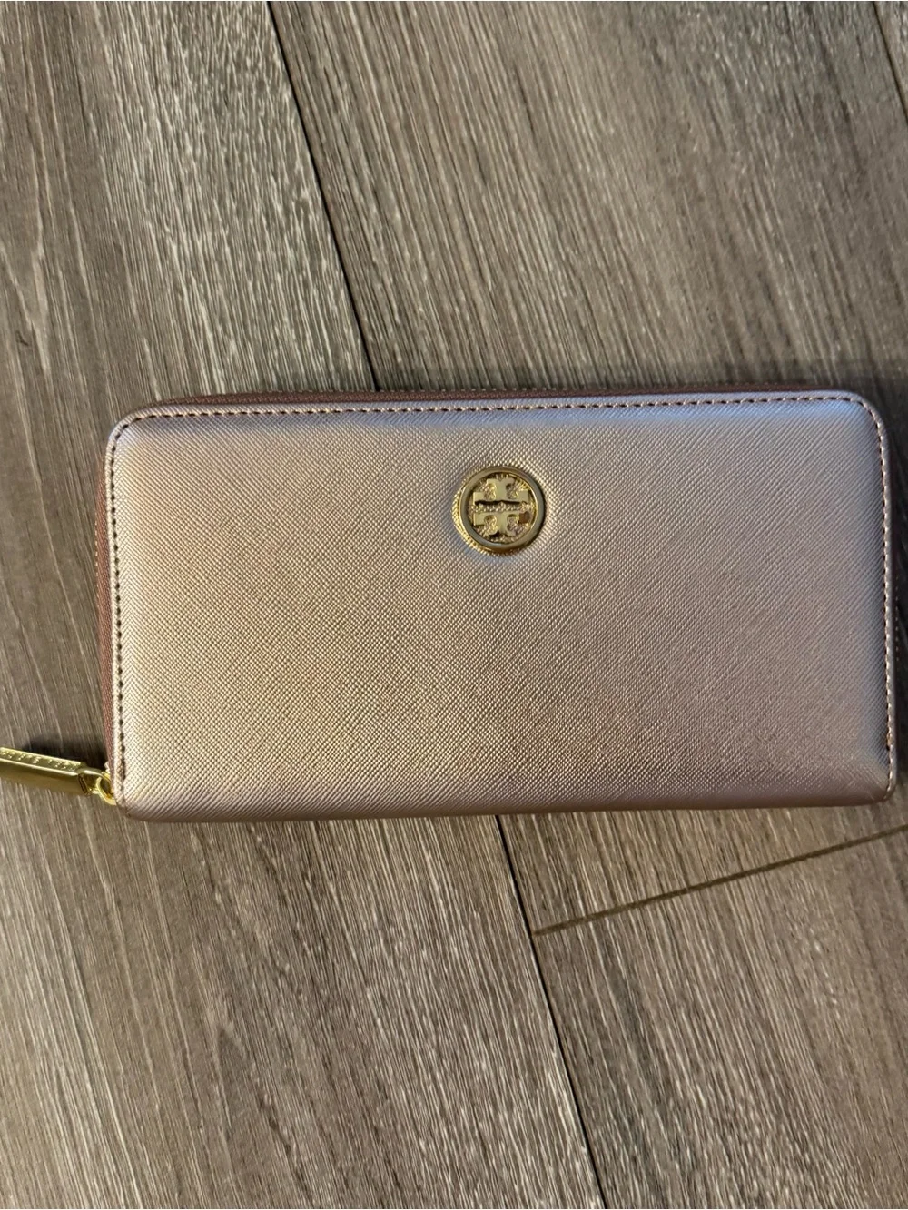 Tory Burch Metallic Blush Zip-Around Wallet with Gold Logo
